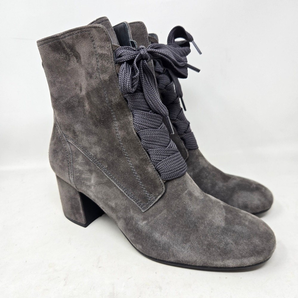 Paul Green Tracy Grey Suede Lace Up Side Zip Block Heel Ankle Boots Size 7 4125